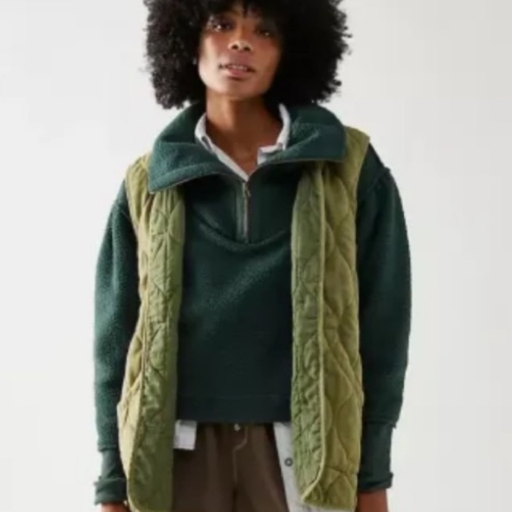Free People Forest Pine Green Poppy Pullover Fleece Zip Cozy Funnelneck Large